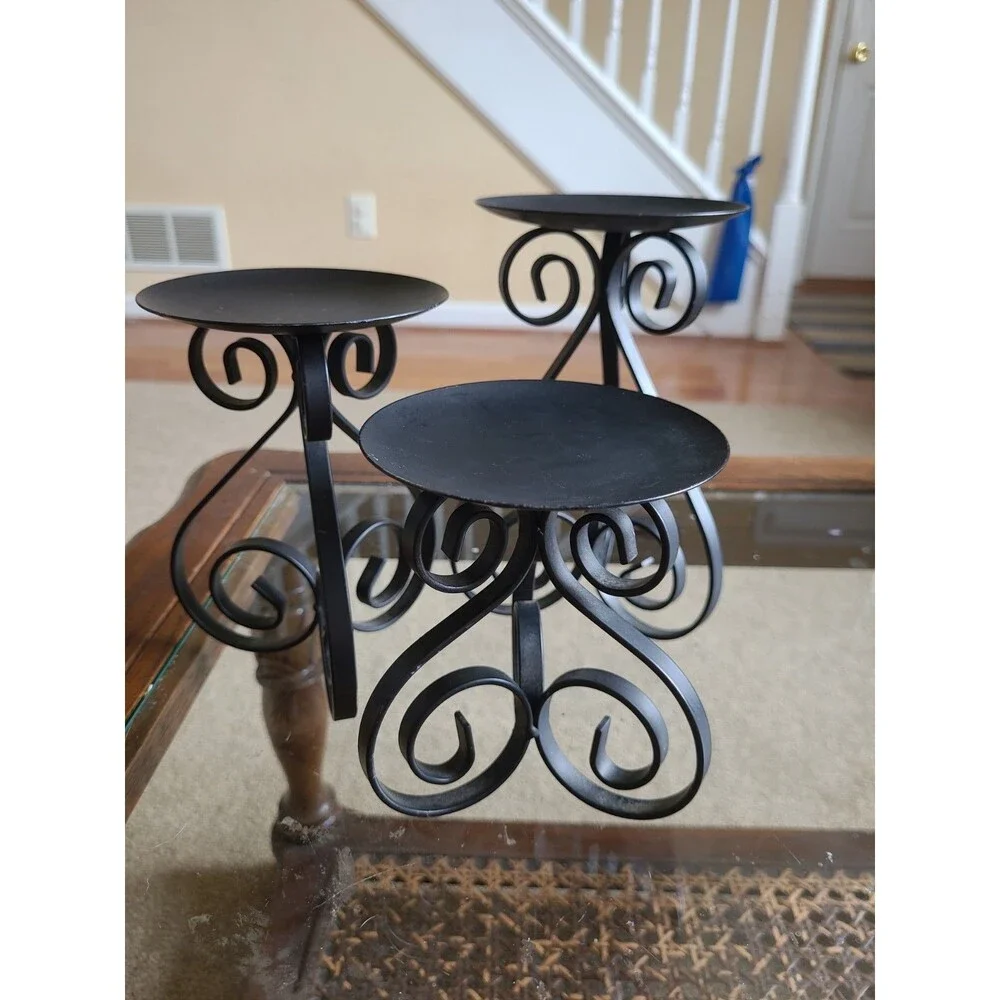 Lot of 3 Black Metal Pillar Candle Holders  4” Dia Graduated Heights